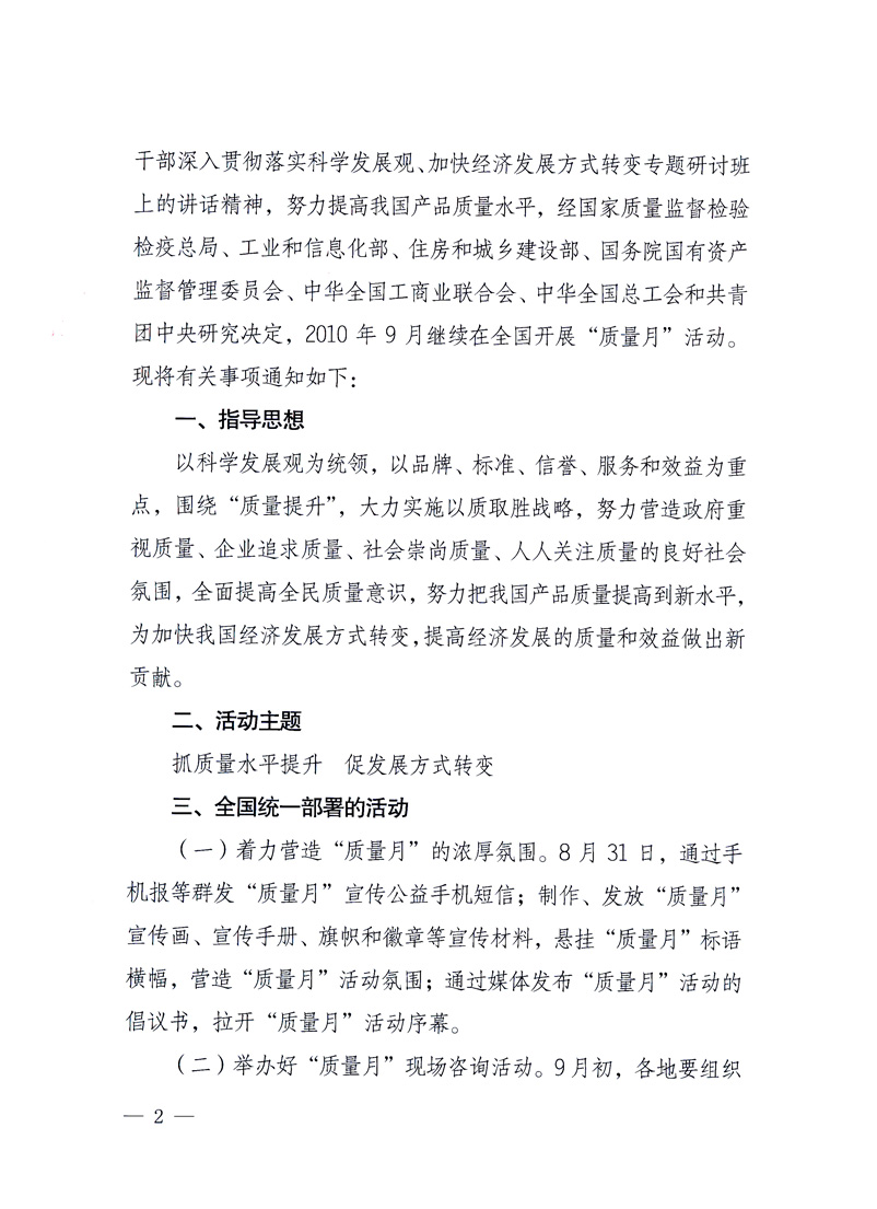 國家質(zhì)量監(jiān)督檢驗(yàn)檢疫總局、工業(yè)和信息化部、住房和城鄉(xiāng)建設(shè)部、國務(wù)院國有資產(chǎn)監(jiān)督管理委員會、中華全國工商業(yè)聯(lián)合會、中華全國總工會、共青團(tuán)中央《關(guān)于開展2010年全國“質(zhì)量月”活動(dòng)的通知》
